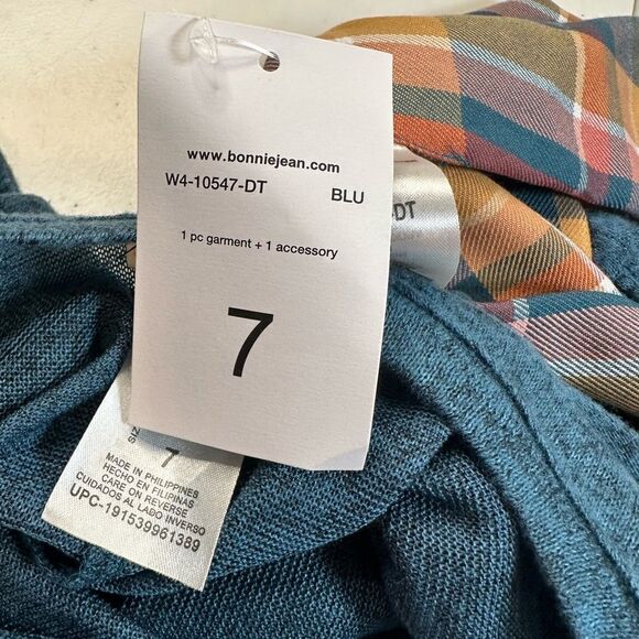 NWT Bonnie Jean Girls Blue Dress Set Multi Color Hacci Scarf - Size 7 - Picture 5 of 8